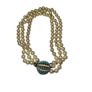 CINER Vintage Multi-Strand Faux Pearl Necklace Turquoise Clasp